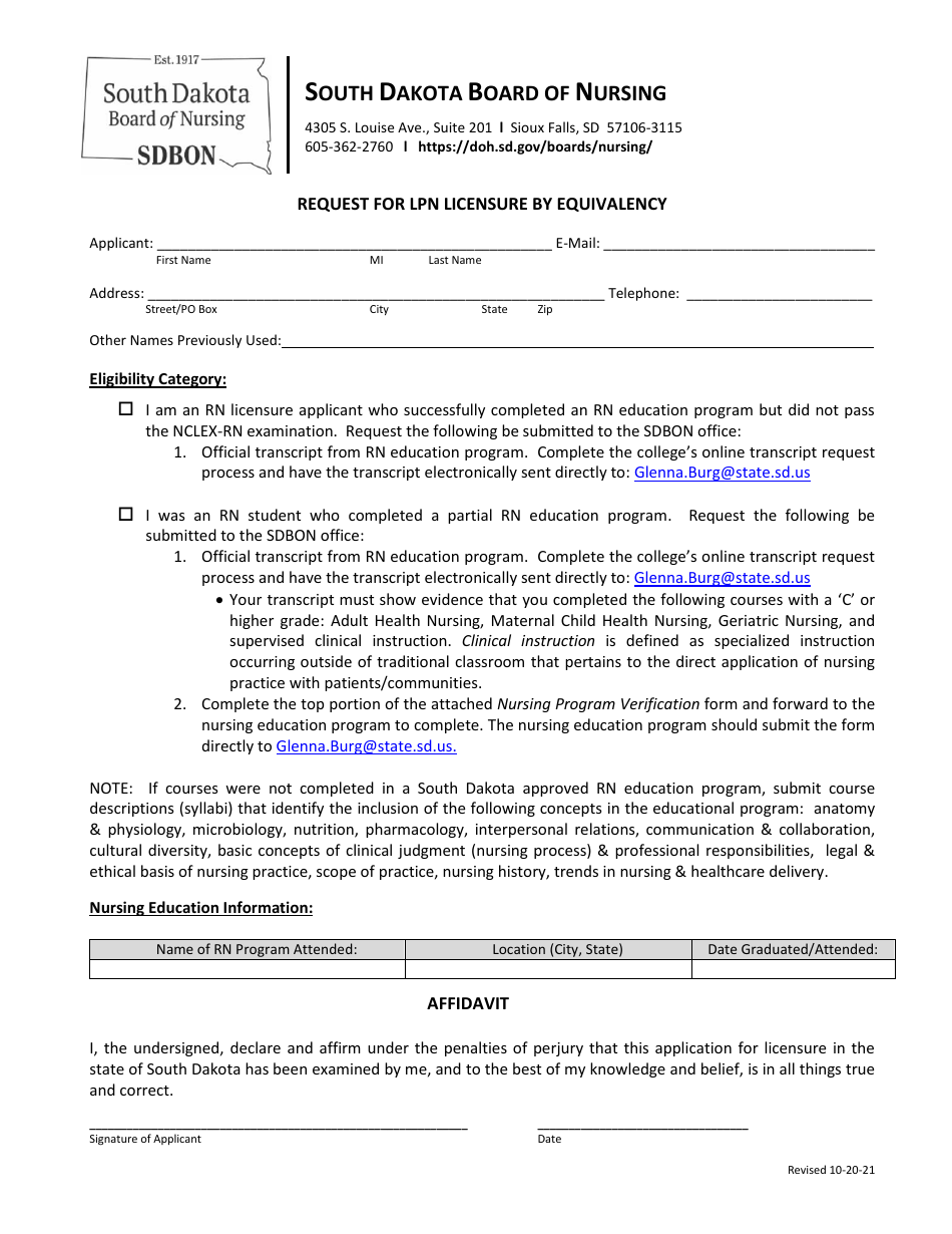 Request for Lpn Licensure by Equivalency - South Dakota, Page 2