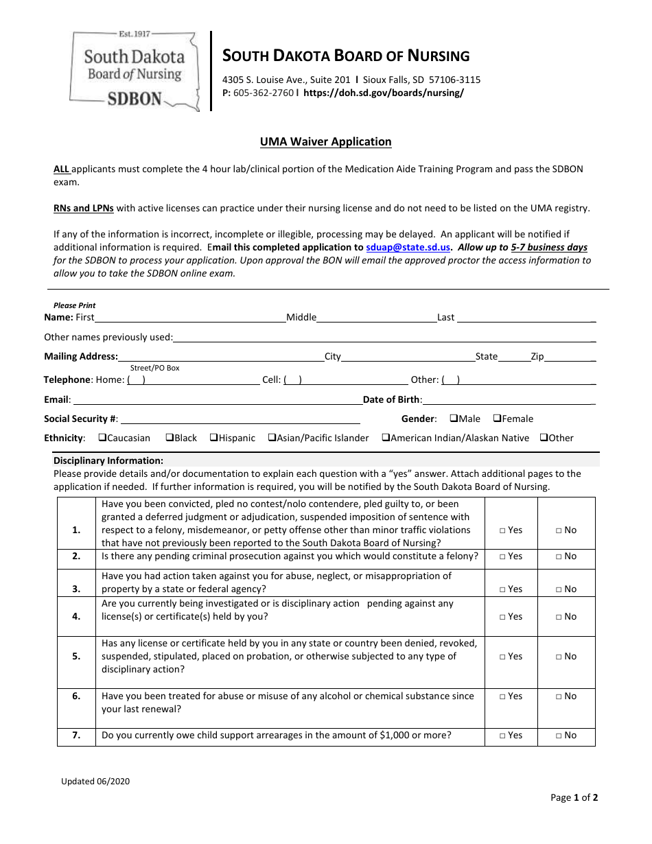 Uma Waiver Application - South Dakota, Page 1