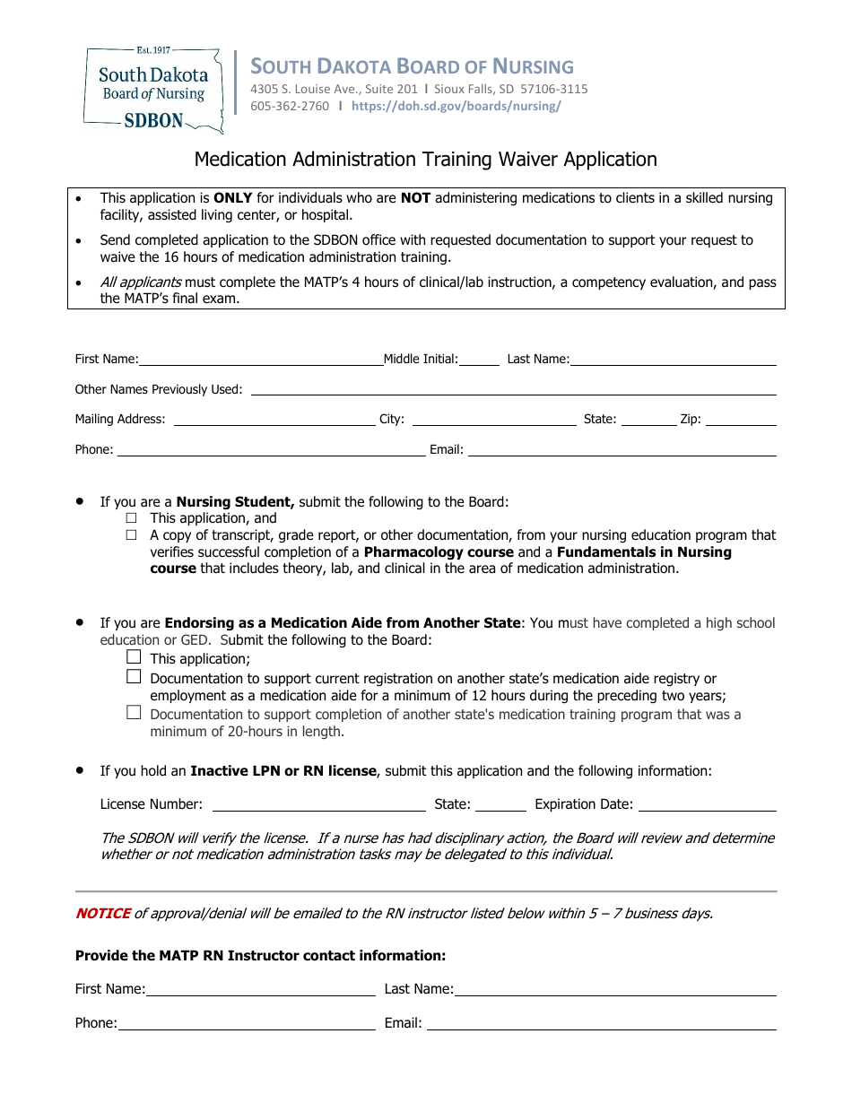 Medication Administration Training Waiver Application - South Dakota, Page 1