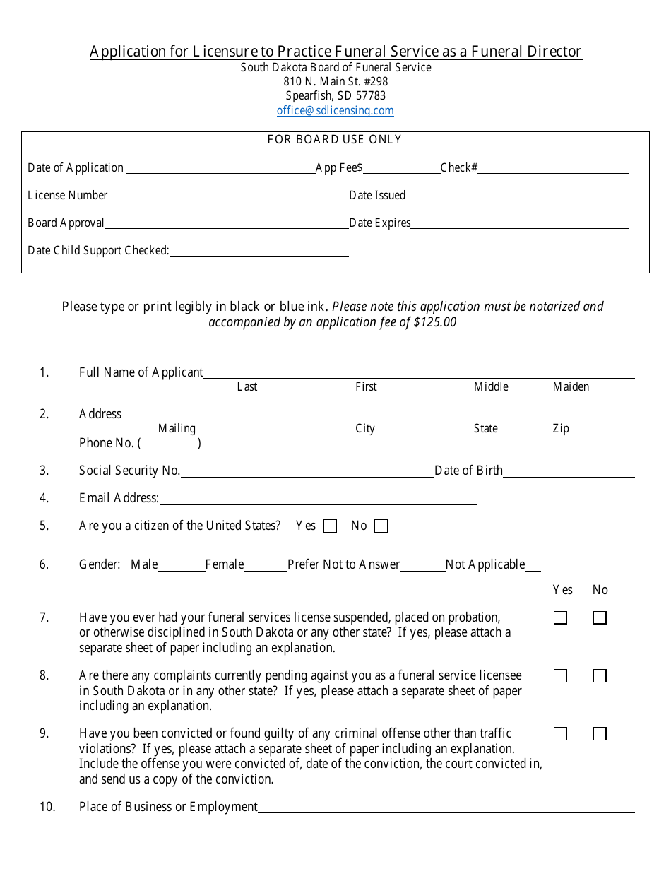 Application for Licensure to Practice Funeral Service as a Funeral Director - South Dakota, Page 1
