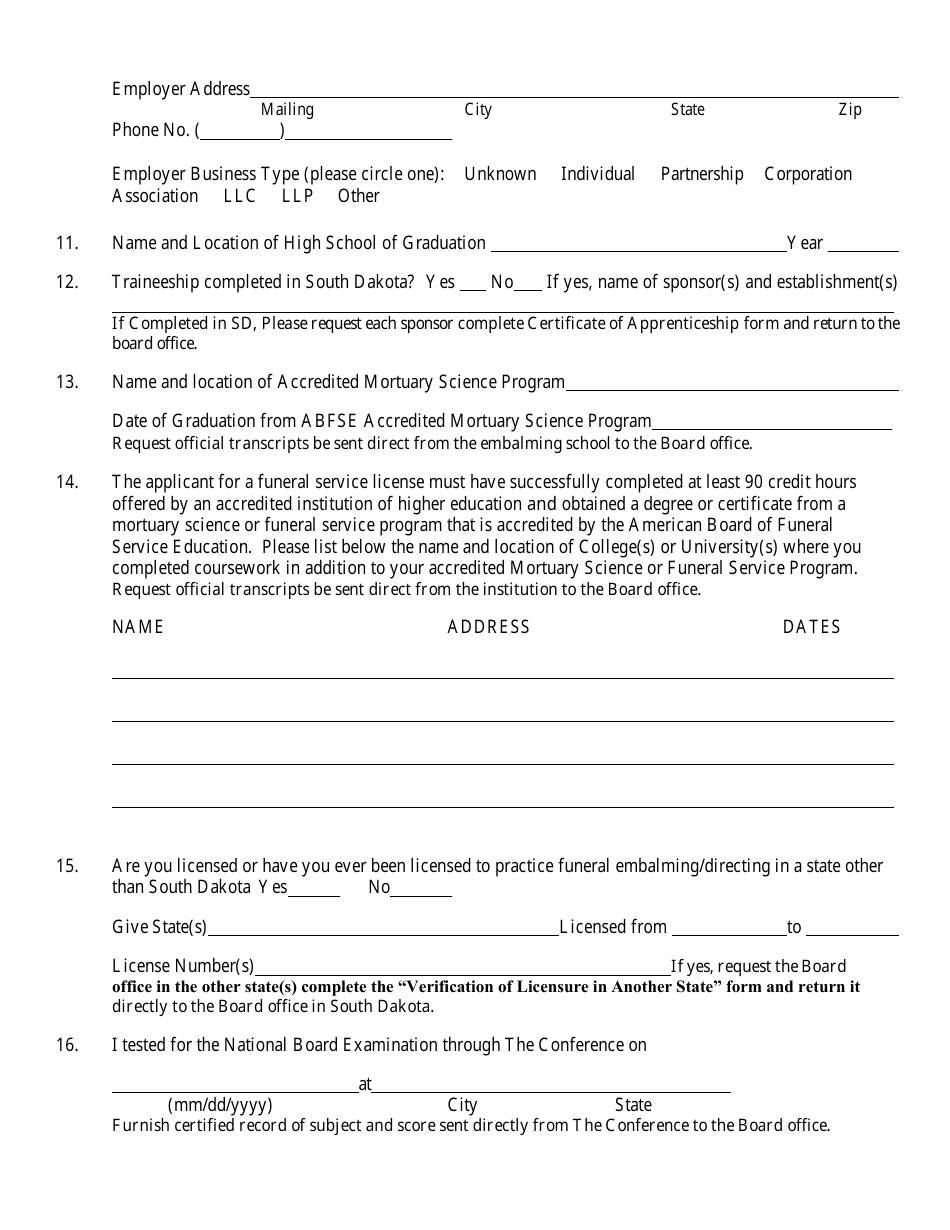 Application for Licensure to Practice Funeral Service as a Funeral Director - South Dakota, Page 2
