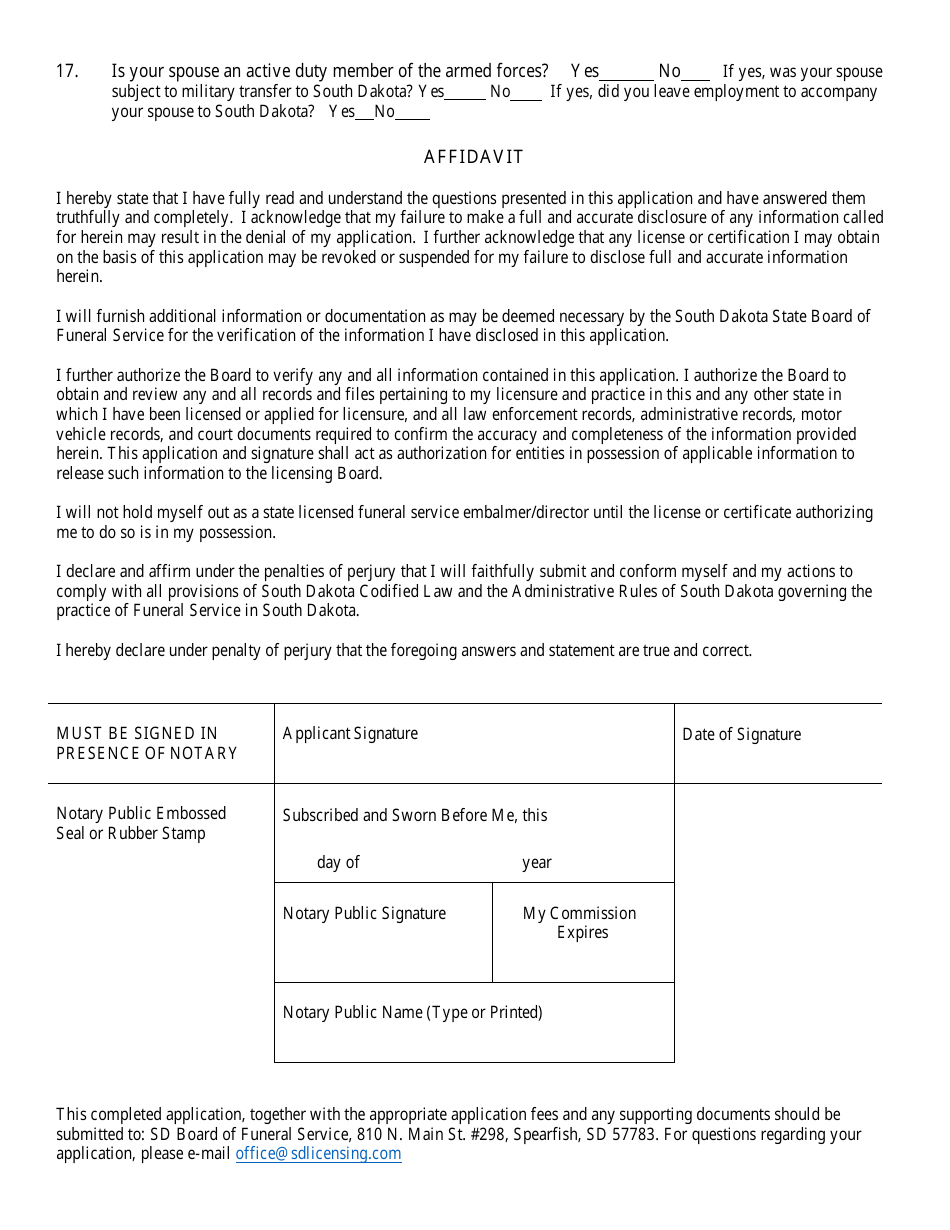 Application for Licensure to Practice Funeral Service as a Funeral Director - South Dakota, Page 3
