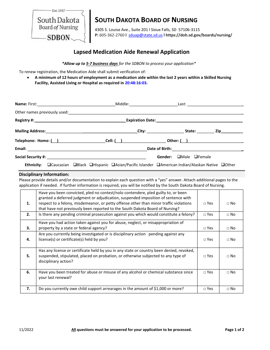 Lapsed Medication Aide Renewal Application - South Dakota, Page 1