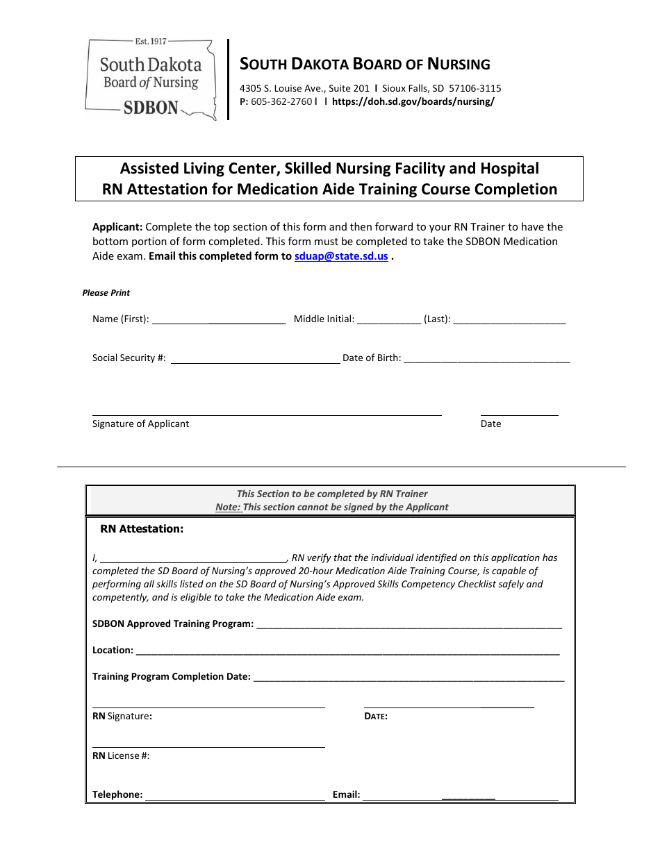 Assisted Living Center, Skilled Nursing Facility and Hospital Rn Attestation for Medication Aide Training Course Completion - South Dakota, Page 1