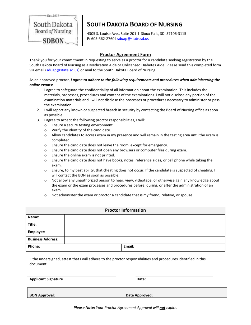 Proctor Agreement Form - South Dakota, Page 1