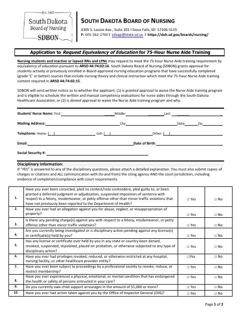 Application to Request Equivalency of Education for 75-hour Nurse Aide Training - South Dakota Download Pdf