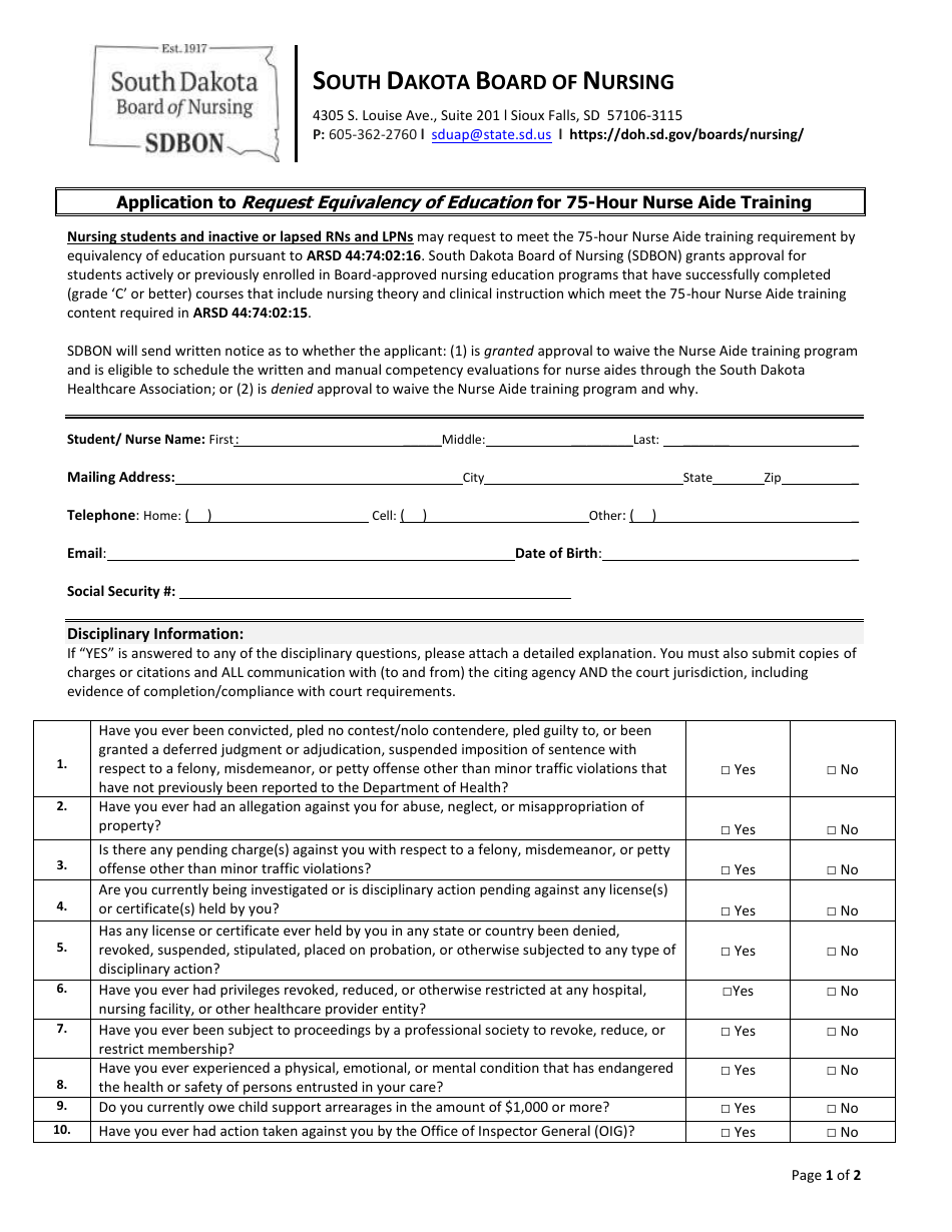 Application to Request Equivalency of Education for 75-hour Nurse Aide Training - South Dakota, Page 1