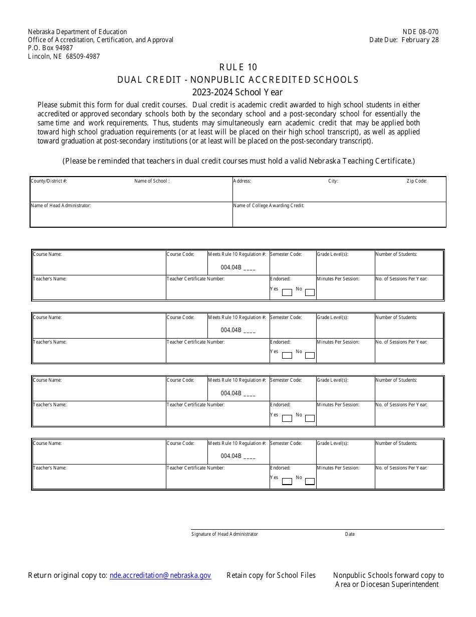 Form NDE08-070 Dual Credit - Nonpublic Accredited Schools - Nebraska, Page 1