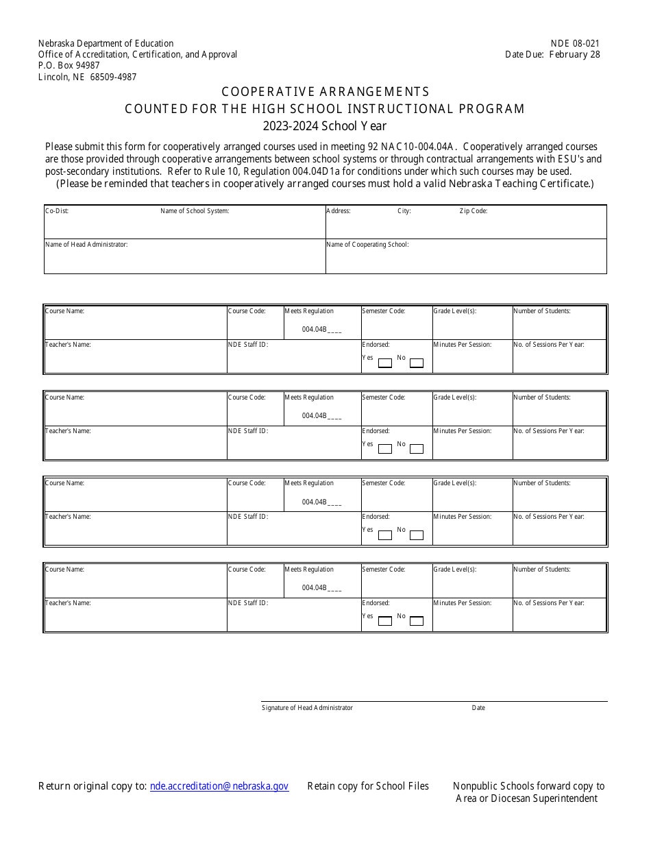 Form NDE08-021 Cooperative Arrangements Counted for the High School Instructional Program - Nebraska, Page 1