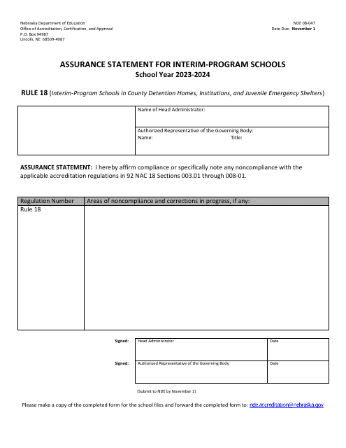 NDE Form 08-047 Assurance Statement for Interim-Program Schools - Nebraska, 2024