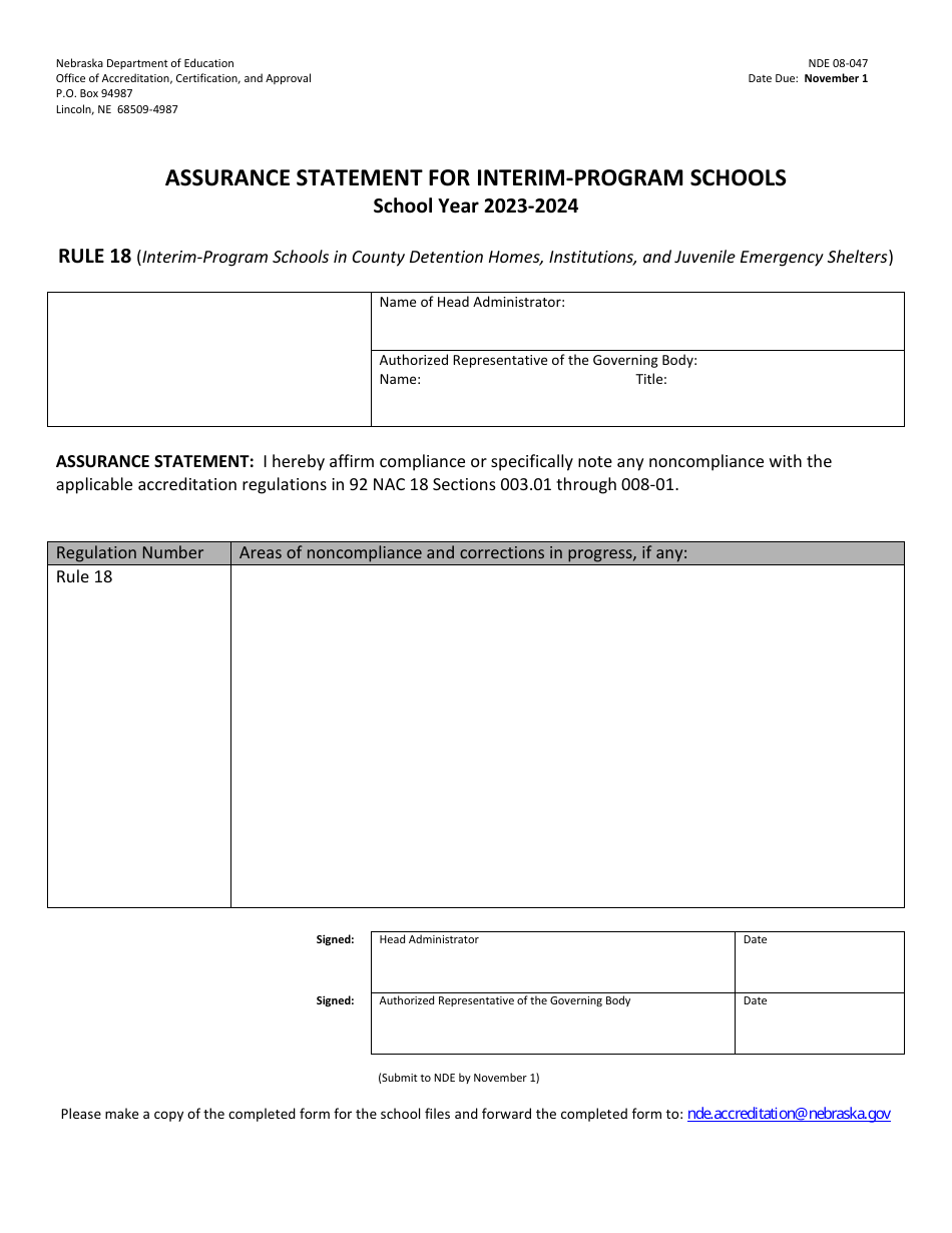 NDE Form 08-047 Assurance Statement for Interim-Program Schools - Nebraska, Page 1
