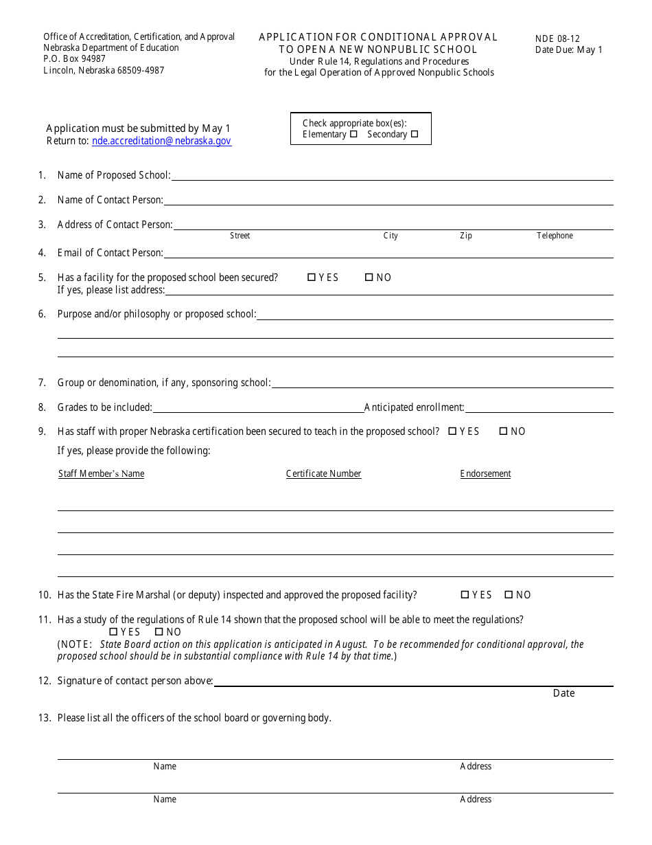 NDE Form 08-12 Application for Conditional Approval to Open a New Nonpublic School Under Rule 14, Regulations and Procedures for the Legal Operation of Approved Nonpublic Schools - Nebraska, Page 1