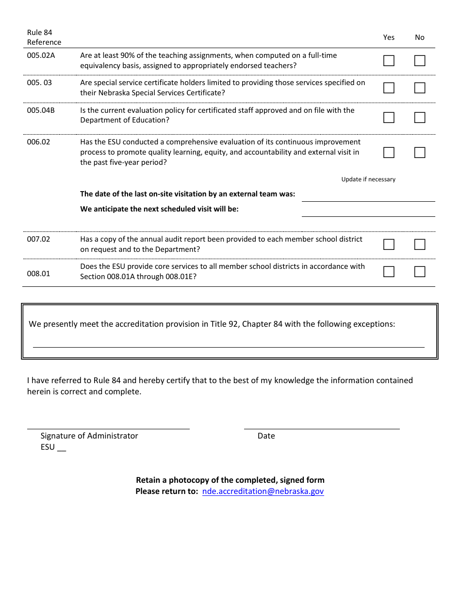 NDE Form 03-043 Annual Accreditation Compliance Report and Application for Classification as an Accredited Esu Under Rule 84 (Regulations for the Accreditation of Educational Service Units) - Nebraska, Page 2