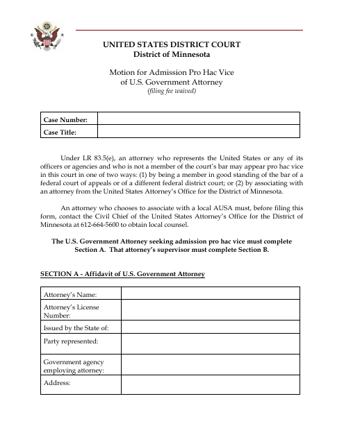 Motion for Admission Pro Hac Vice of U.S. Government Attorney - Minnesota Download Pdf