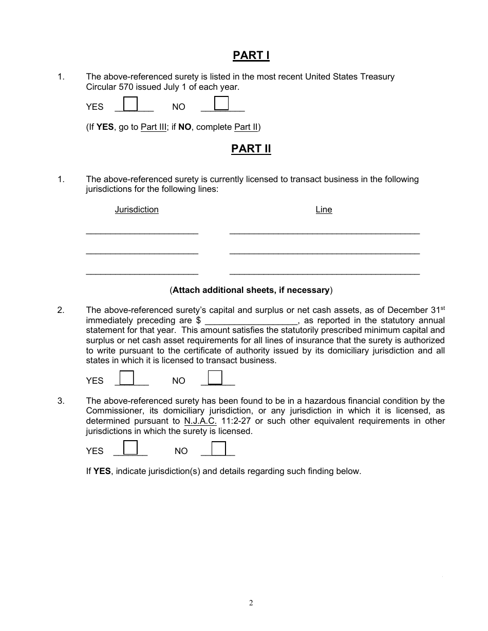 Request for Listing by the New Jersey Department of Banking and Insurance as Acceptable Surety for Provision of Bonds on Public Contracts Pursuant to P.l. 1995, C. 384 - New Jersey, Page 2