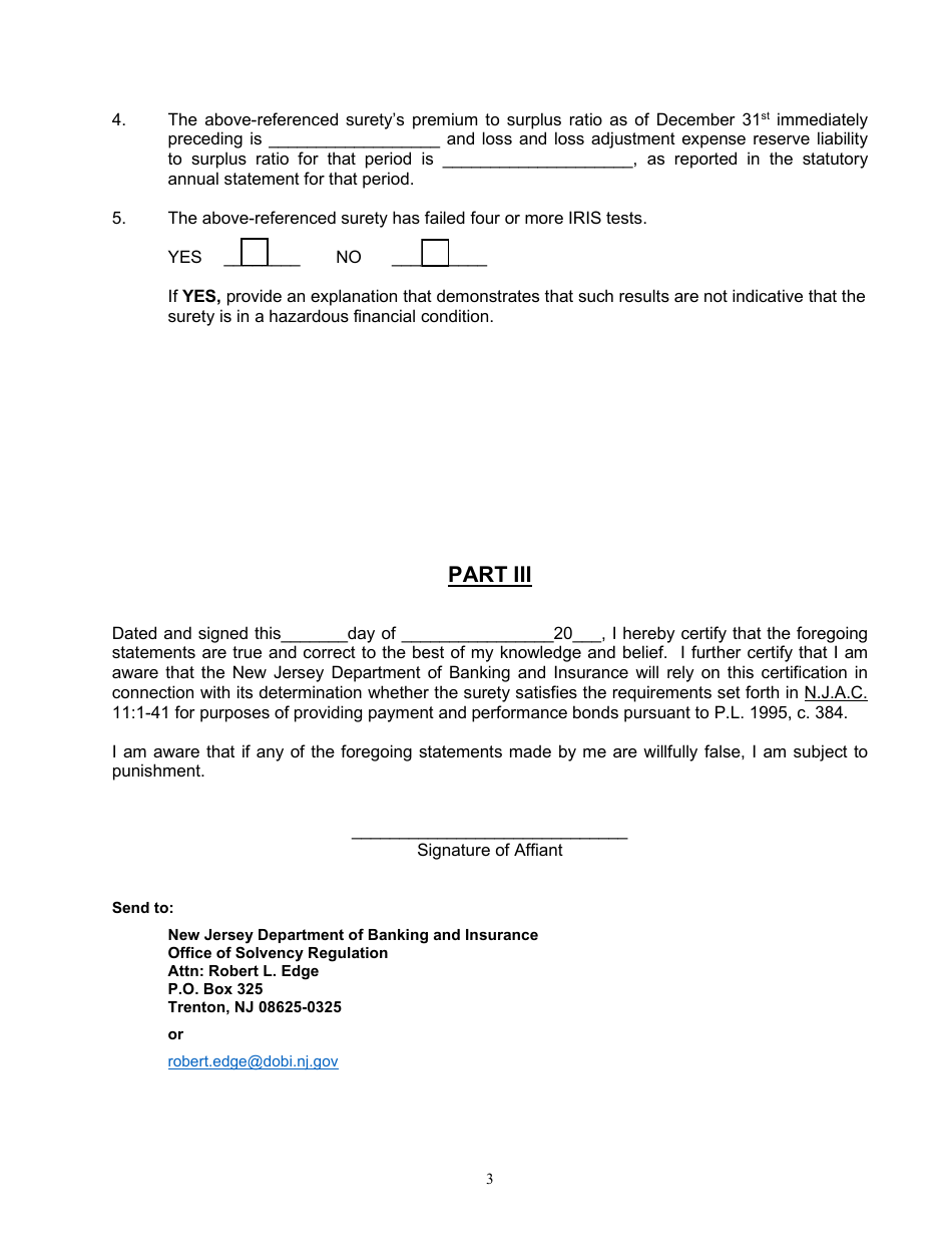 Request for Listing by the New Jersey Department of Banking and Insurance as Acceptable Surety for Provision of Bonds on Public Contracts Pursuant to P.l. 1995, C. 384 - New Jersey, Page 3