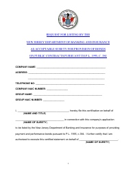 Document preview: Request for Listing by the New Jersey Department of Banking and Insurance as Acceptable Surety for Provision of Bonds on Public Contracts Pursuant to P.l. 1995, C. 384 - New Jersey