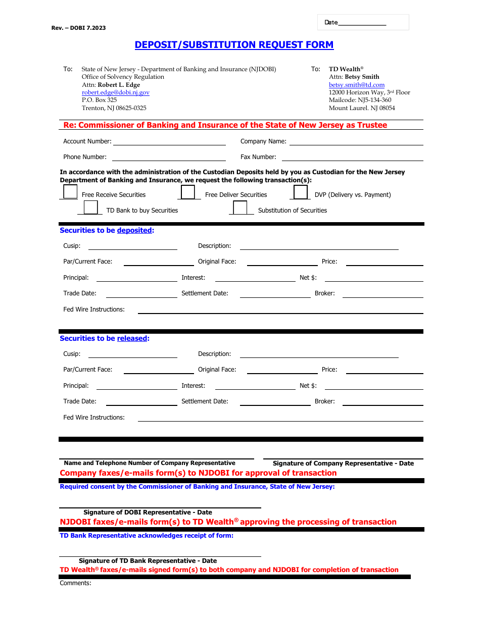 Deposit / Substitution Request Form - New Jersey, Page 1