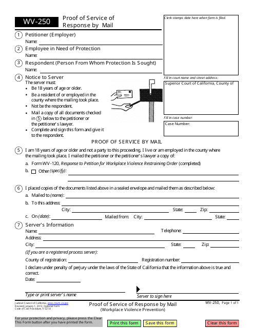 Form WV-250 Proof of Service of Response by Mail - California
