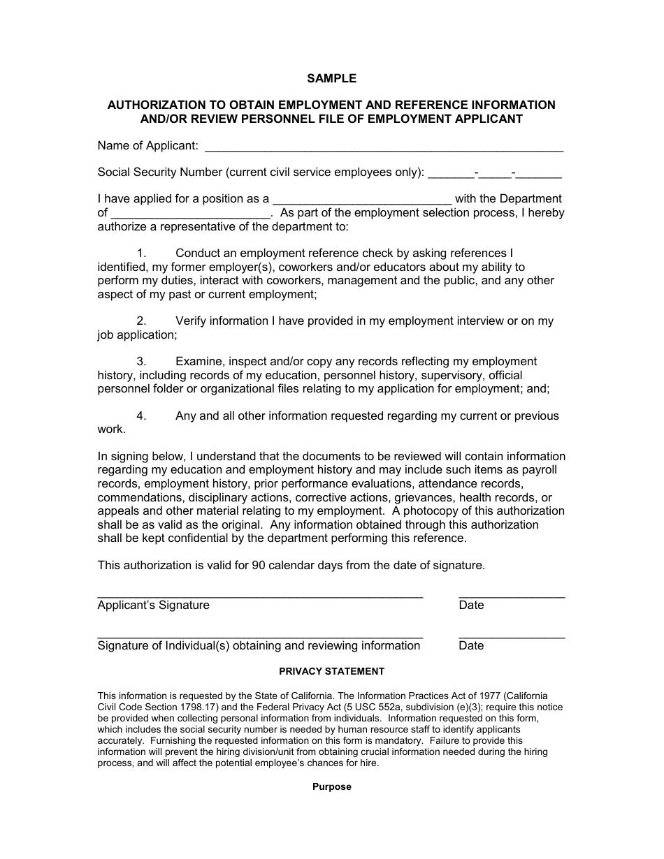 Authorization to Obtain Employment and Reference Information and / or Review Personnel File of Employment Applicant - Sample - California, Page 1