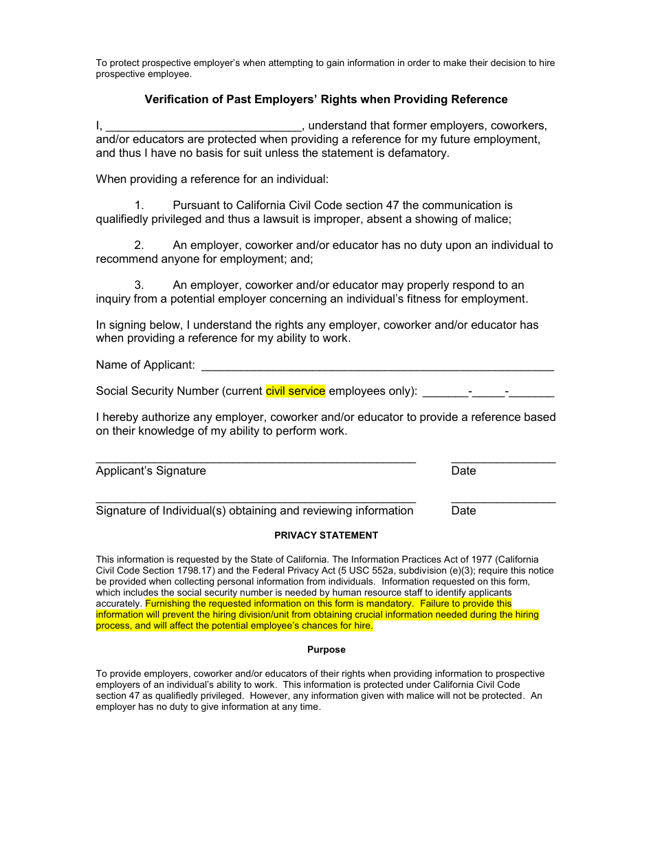 California Authorization to Obtain Employment and Reference Information ...