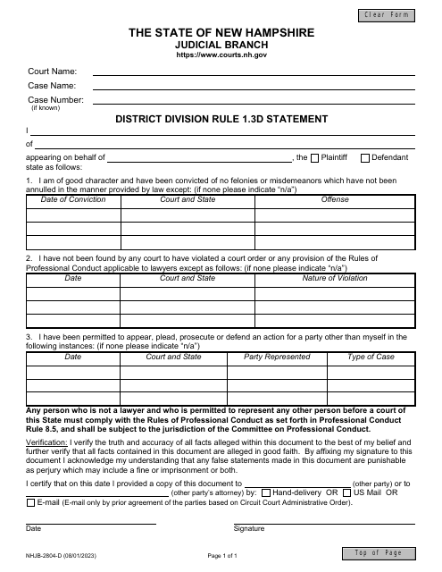 Form NHJB-2804-D District Division Rule 1.3d Statement - New Hampshire