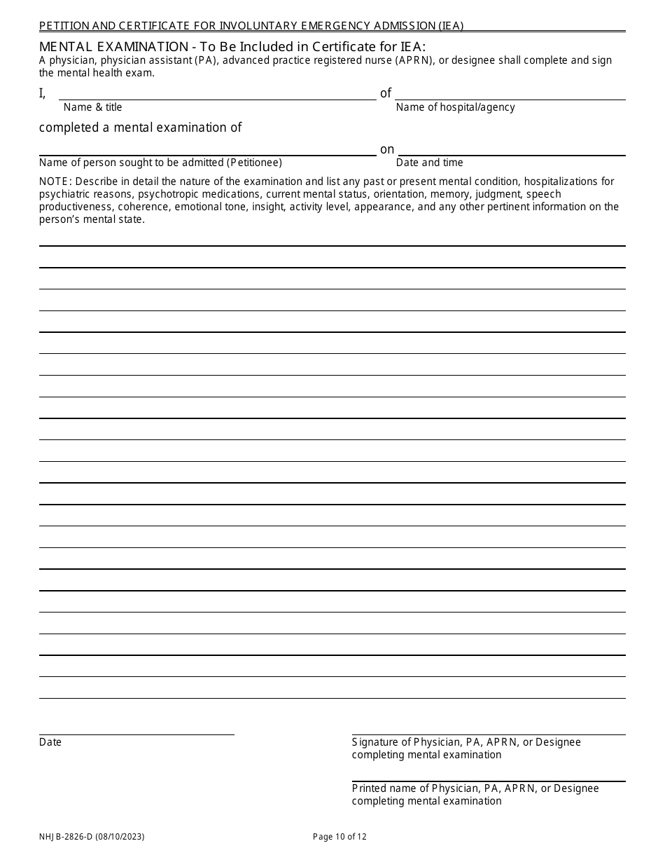 Form NHJB-2826-D Petition and Certificate for Involuntary Emergency Admission (Iea) Cover Sheet - New Hampshire, Page 10