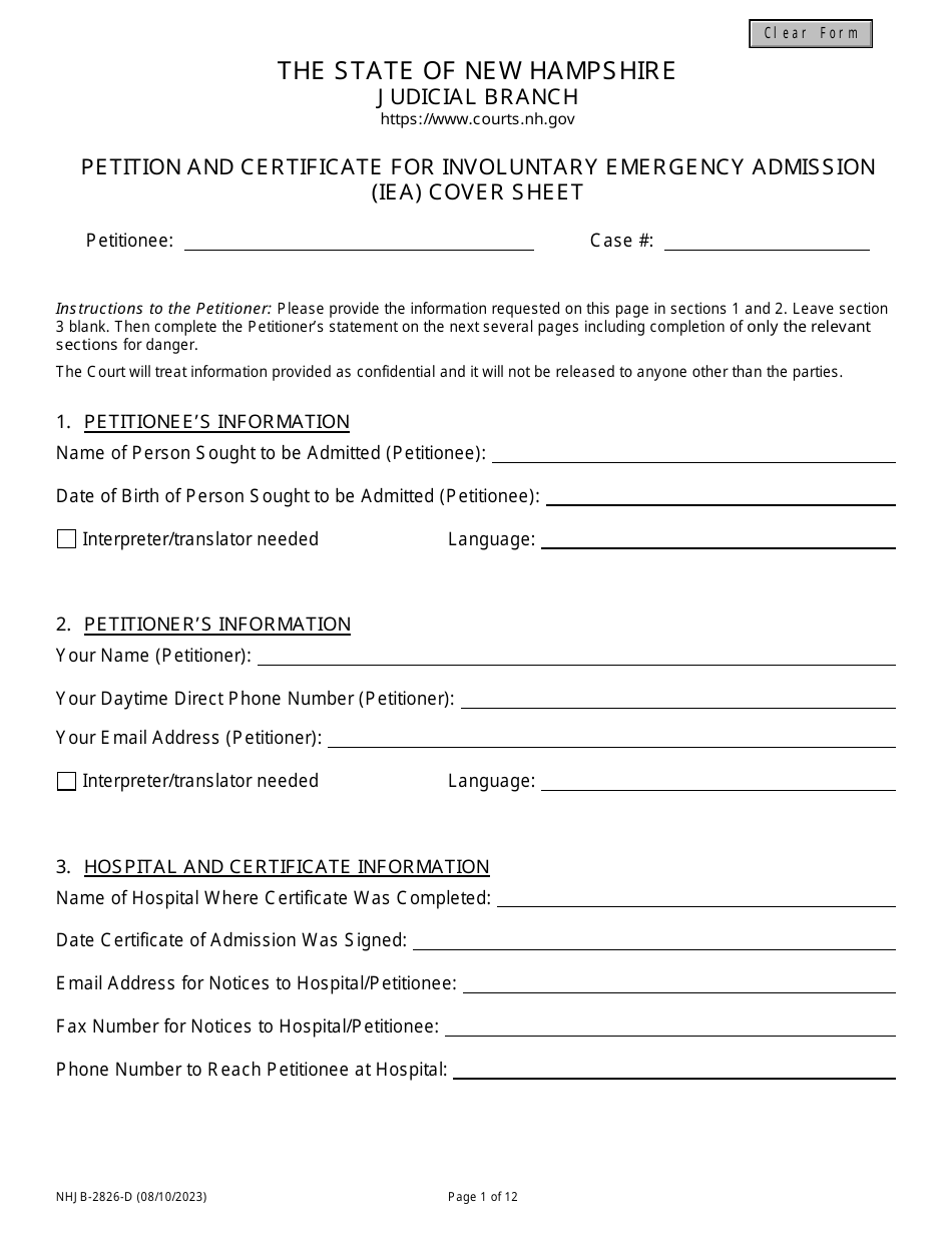 Form NHJB-2826-D Petition and Certificate for Involuntary Emergency Admission (Iea) Cover Sheet - New Hampshire, Page 1