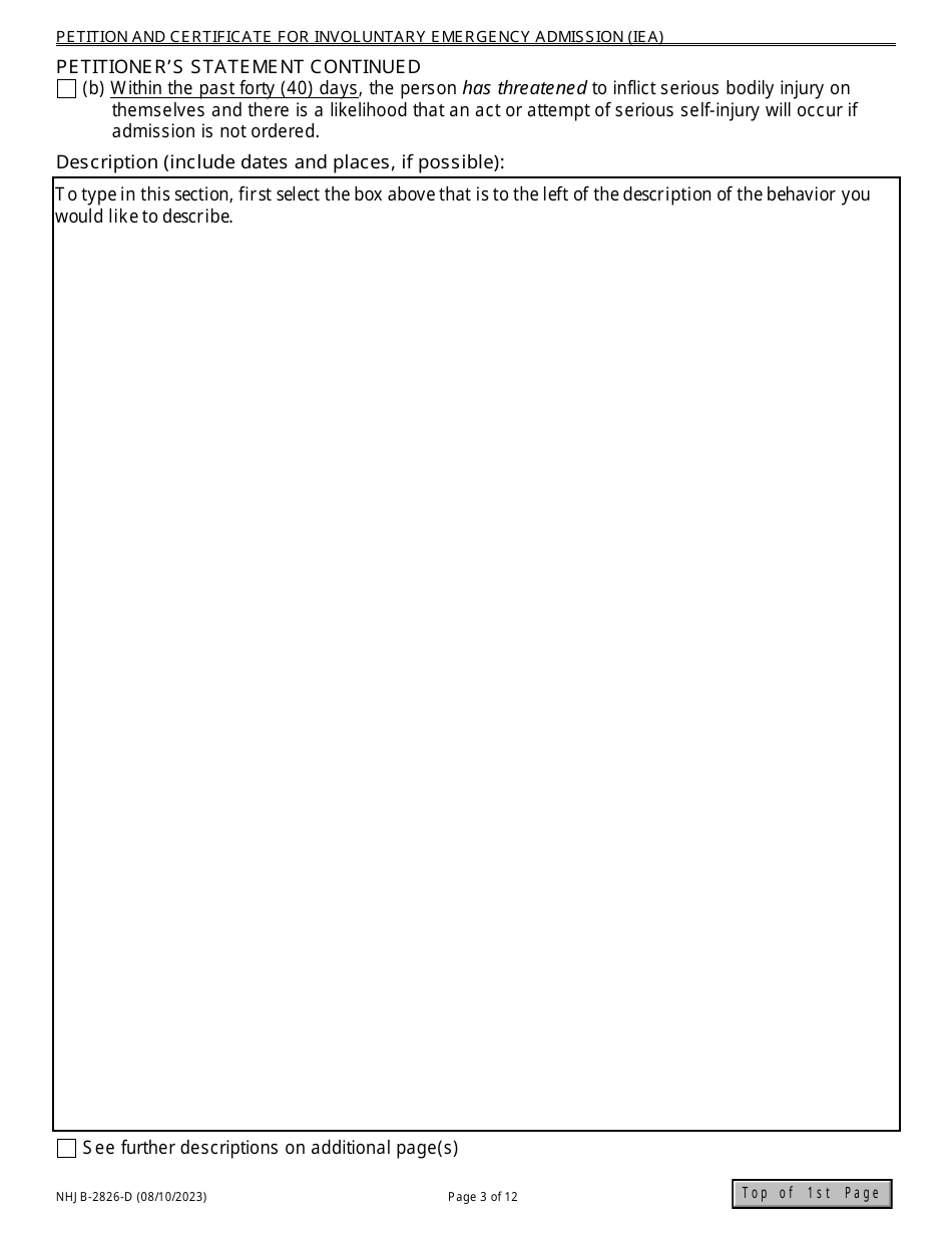 Form NHJB-2826-D Petition and Certificate for Involuntary Emergency Admission (Iea) Cover Sheet - New Hampshire, Page 3