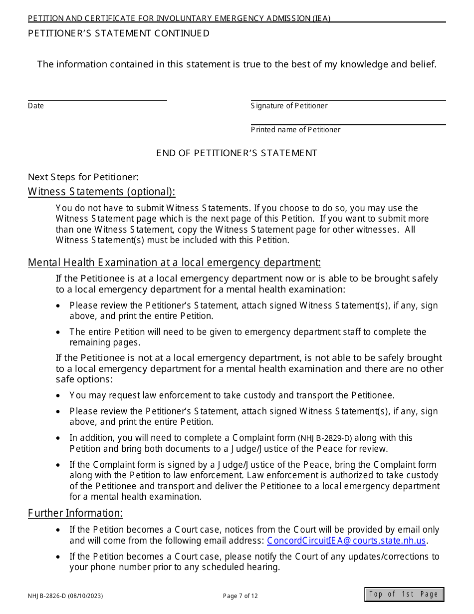 Form NHJB-2826-D Petition and Certificate for Involuntary Emergency Admission (Iea) Cover Sheet - New Hampshire, Page 7