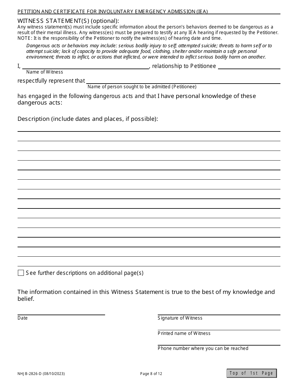 Form NHJB-2826-D Petition and Certificate for Involuntary Emergency Admission (Iea) Cover Sheet - New Hampshire, Page 8
