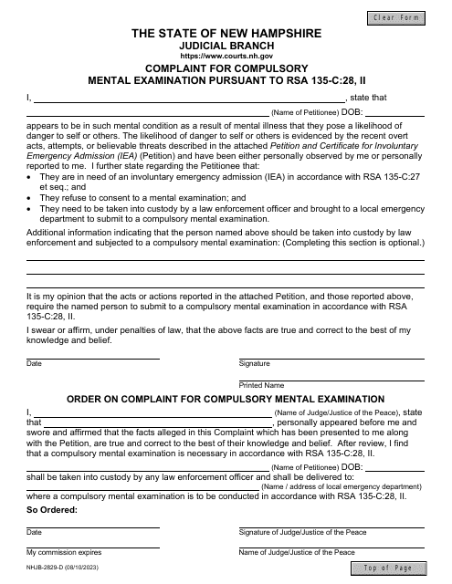 Form NHJB-2829-D Complaint for Compulsory Mental Examination Pursuant to Rsa 135-c:28, Ii - New Hampshire