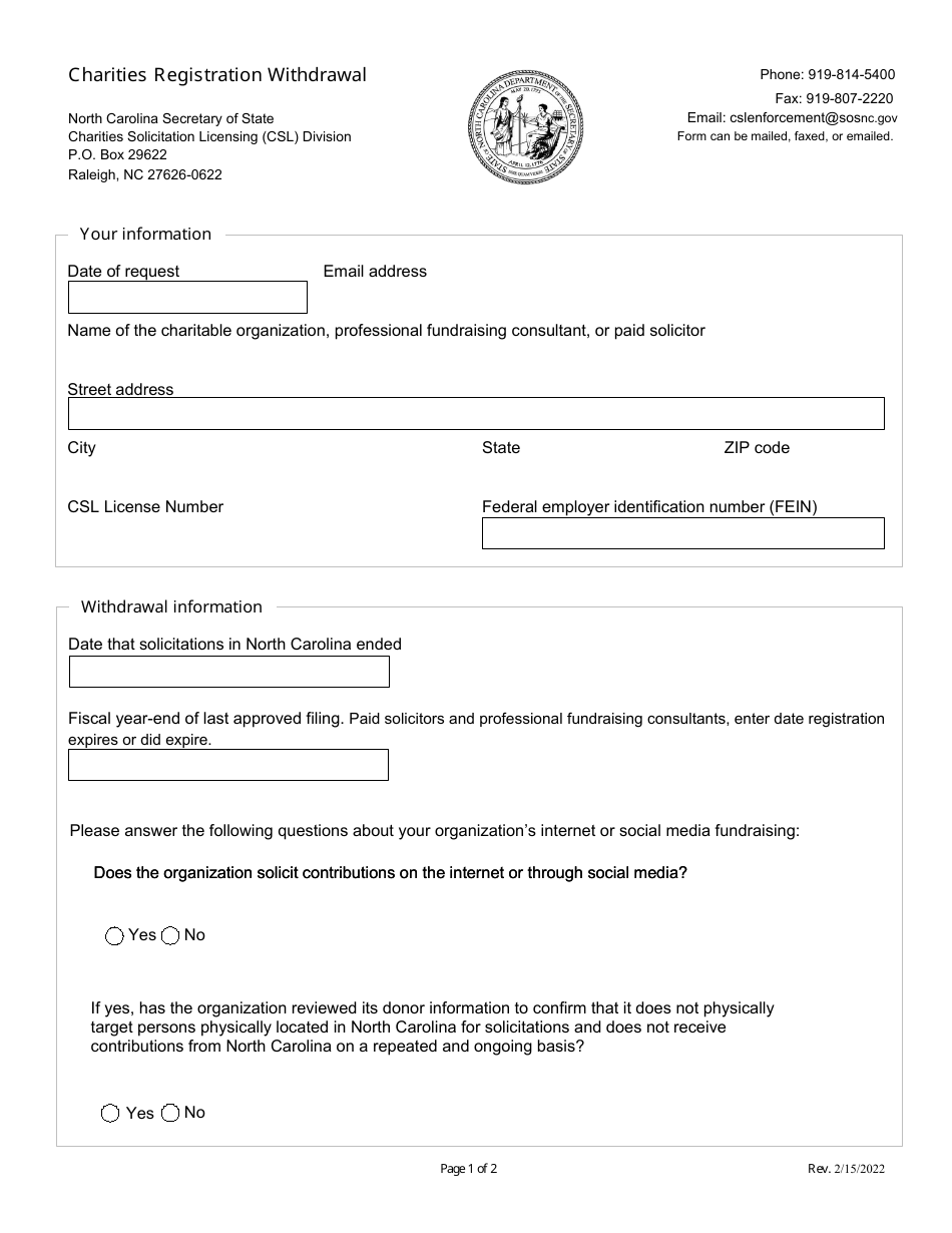 Charities Registration Withdrawal - North Carolina, Page 1