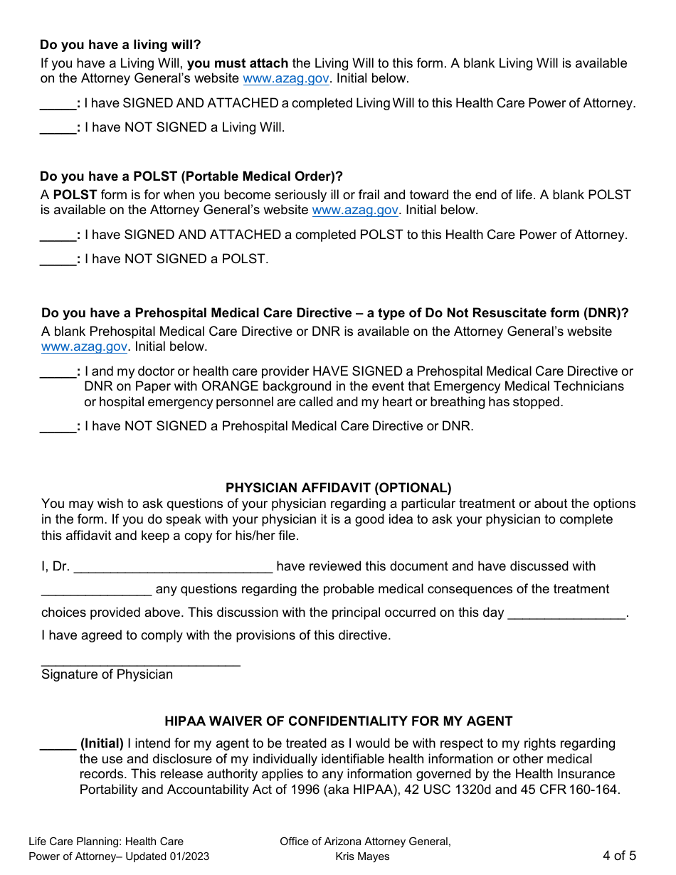 Health Care Power of Attorney - Arizona, Page 4