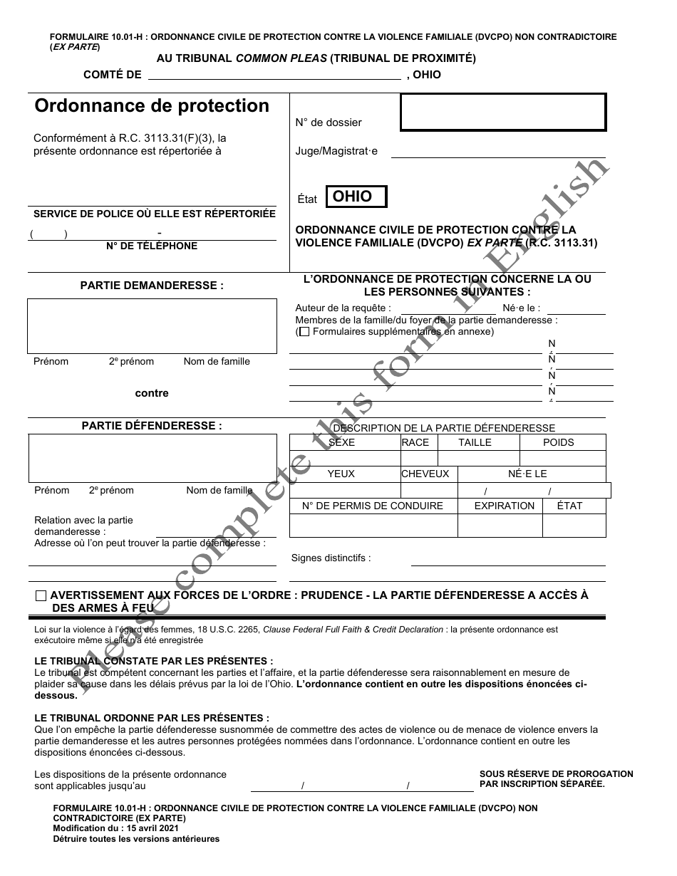 Form 10.01-H Domestic Violence Civil Protection Order (Dvcpo) Ex Parte (R.c. 3113.31) - Ohio (French), Page 1