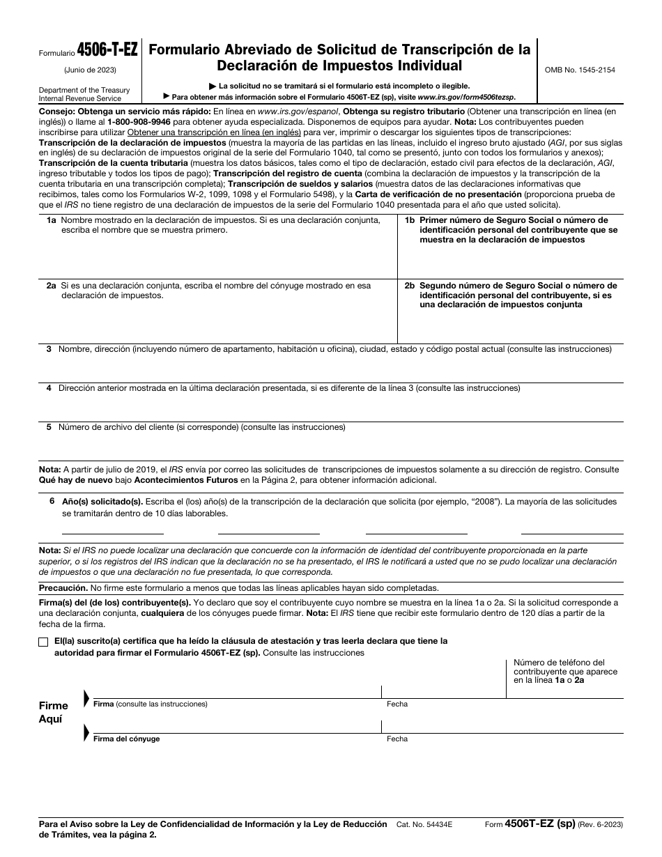IRS Formulario 4506-T-EZ Formulario Abreviado De Solicitud De Transcripcion De La Declaracion De Impuestos Individual (Spanish), Page 1