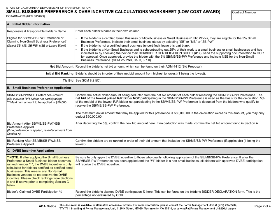 Form DOT ADM-4038 Small Business Preference  Dvbe Incentive Calculations Worksheet (Low Cost Award) - California, Page 2