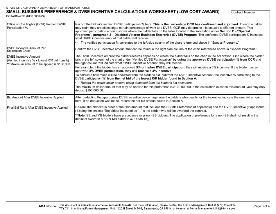 Form DOT ADM-4038 Small Business Preference  Dvbe Incentive Calculations Worksheet (Low Cost Award) - California, Page 3