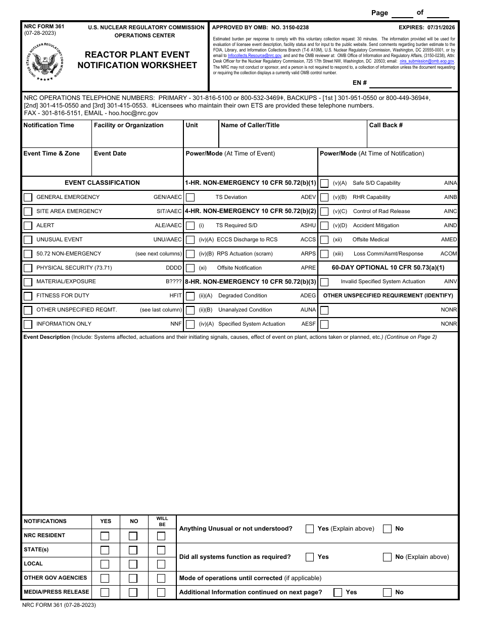 NRC Form 361 Reactor Plant Event Notification Worksheet, Page 1
