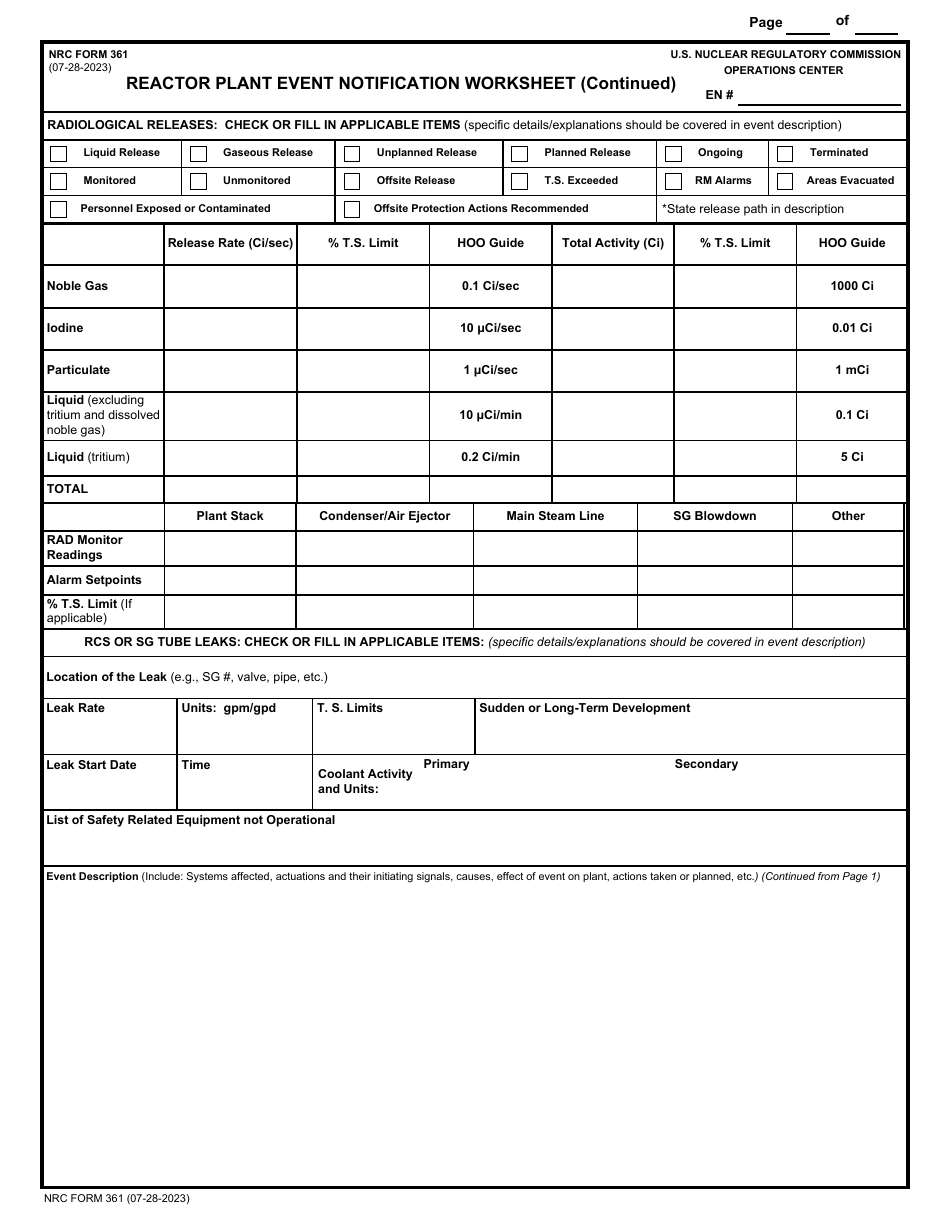 NRC Form 361 Reactor Plant Event Notification Worksheet, Page 2