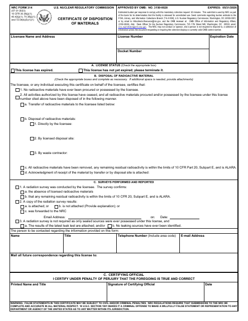 NRC Form 314 Certificate of Disposition of Materials
