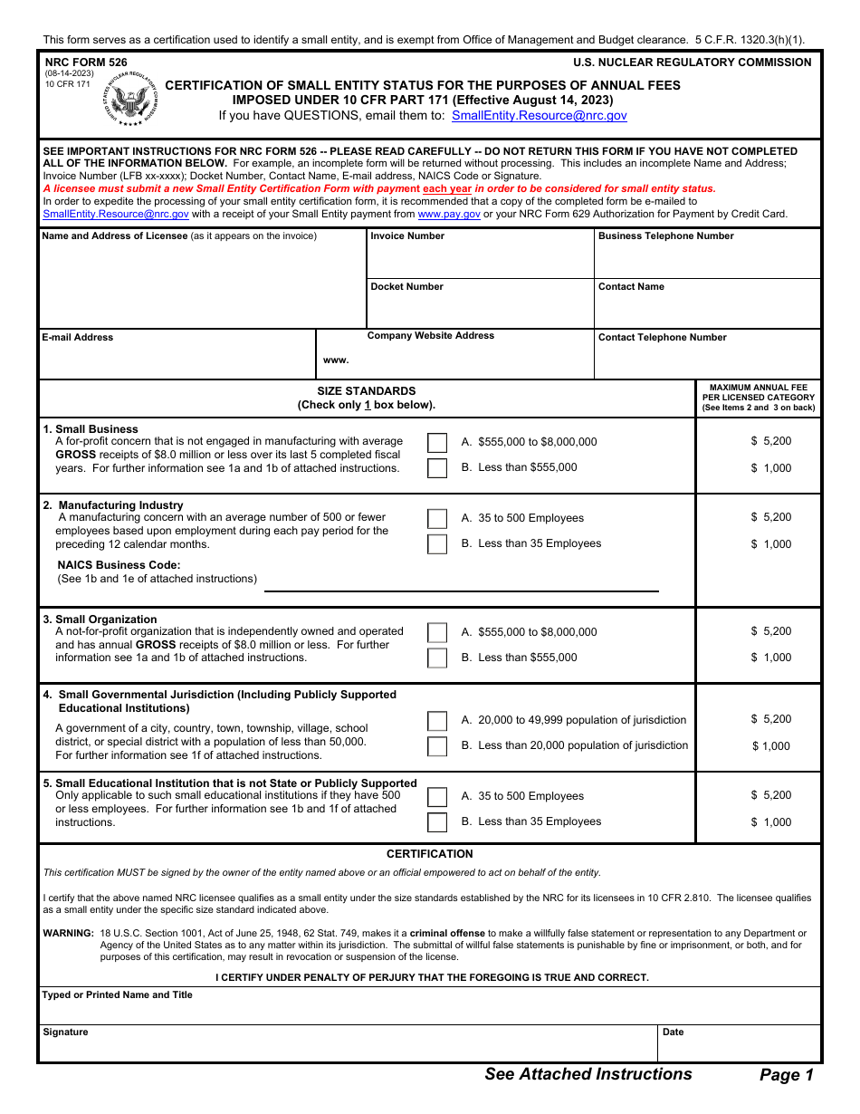 NRC Form 526 Certification of Small Entity Status for the Purposes of Annual Fees Imposed Under 10 Cfr Part 171, Page 1