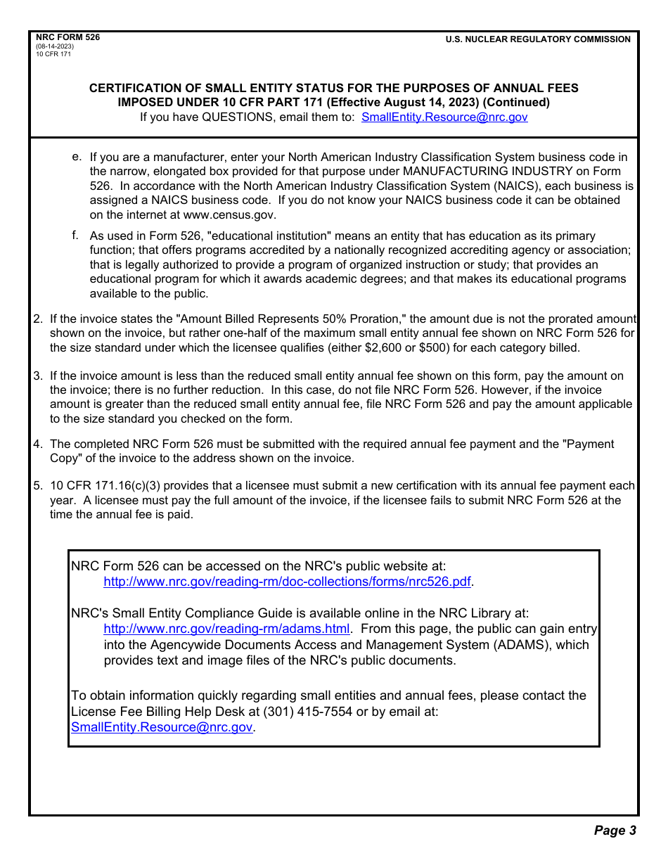 NRC Form 526 Certification of Small Entity Status for the Purposes of Annual Fees Imposed Under 10 Cfr Part 171, Page 3