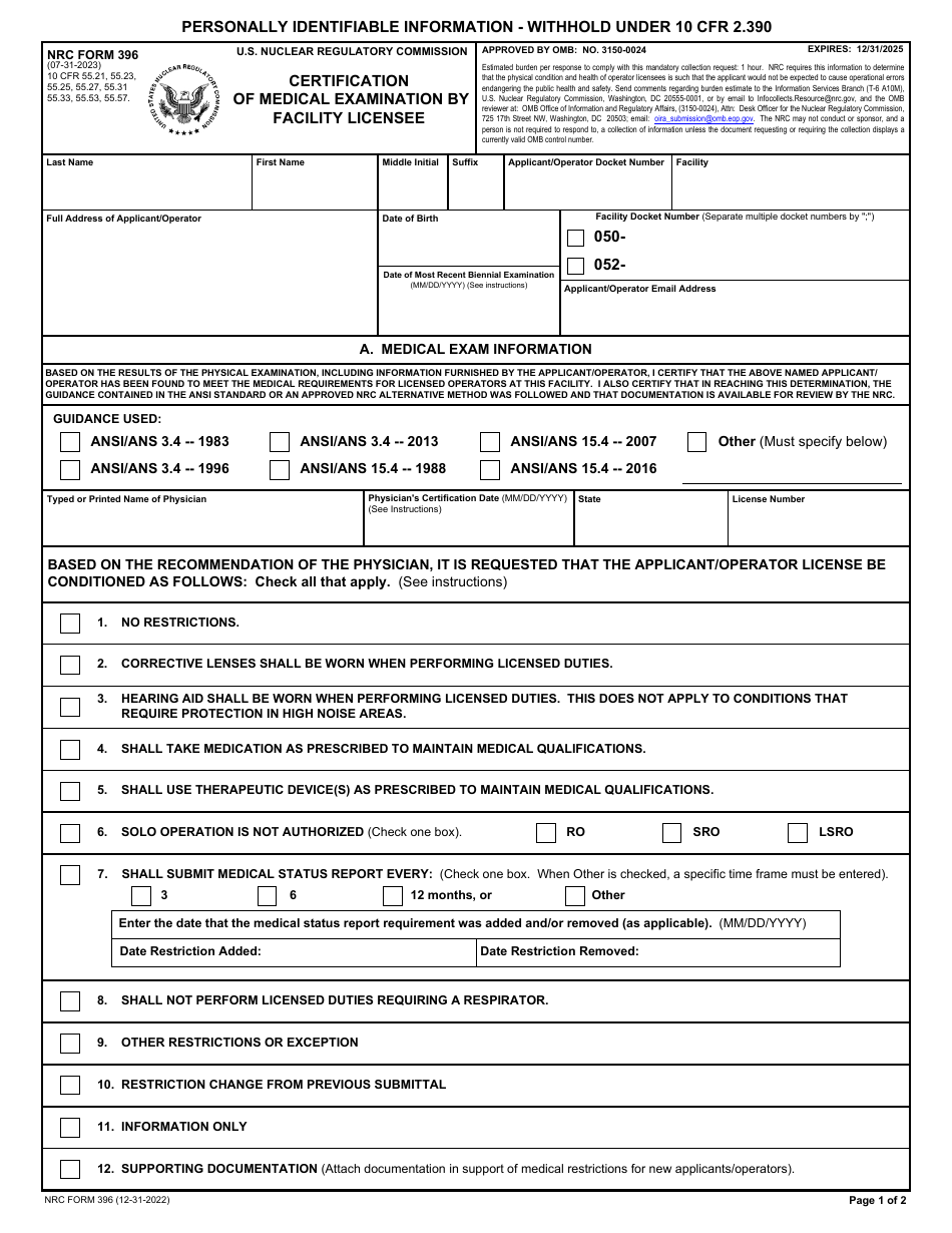 NRC Form 396 Certification of Medical Examination by Facility Licensee, Page 1