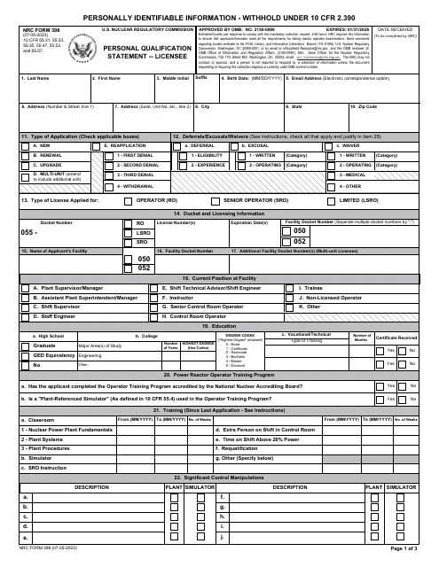 NRC Form 398 Personal Qualification Statement - Licensee