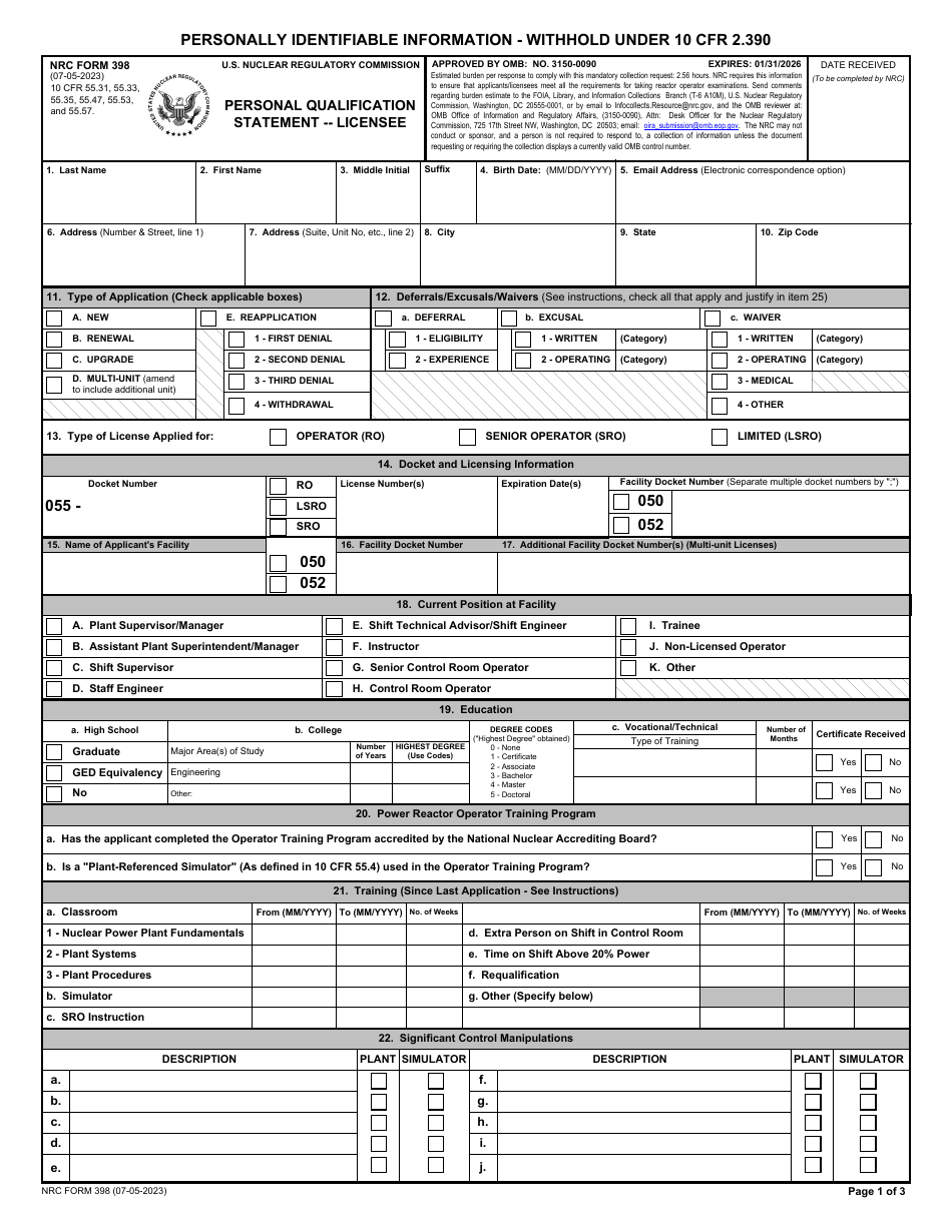 NRC Form 398 Personal Qualification Statement - Licensee, Page 1