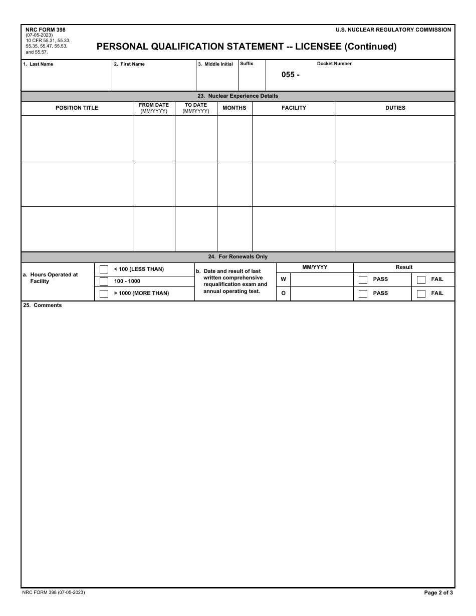 NRC Form 398 Personal Qualification Statement - Licensee, Page 2