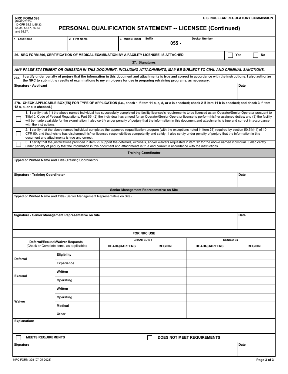 NRC Form 398 Personal Qualification Statement - Licensee, Page 3