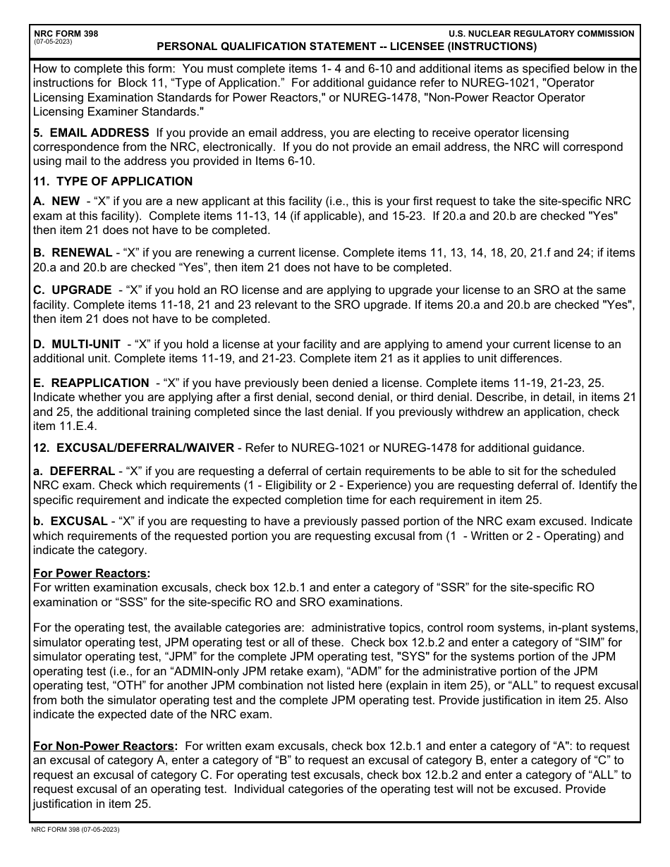 NRC Form 398 Personal Qualification Statement - Licensee, Page 4