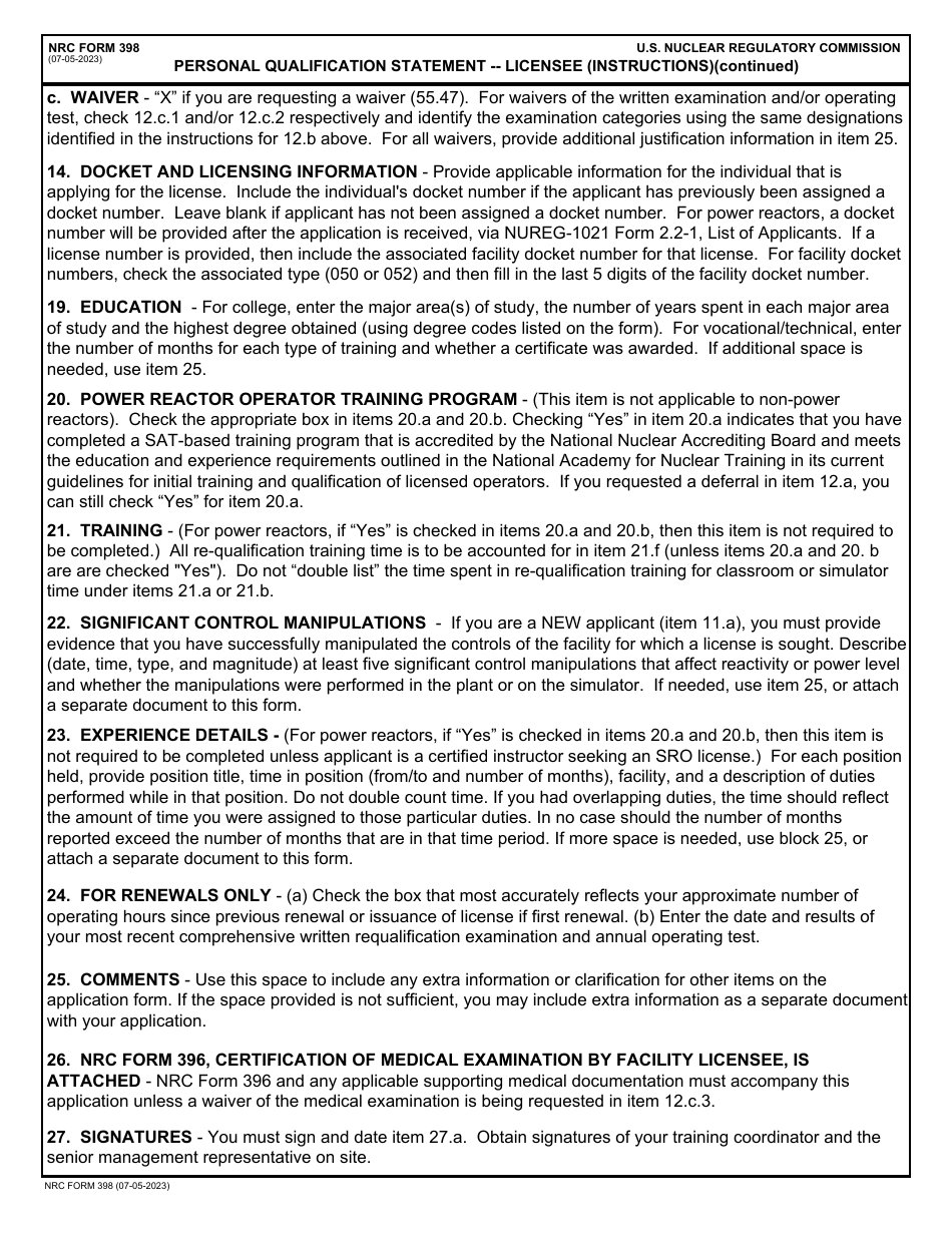NRC Form 398 Personal Qualification Statement - Licensee, Page 5